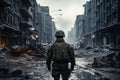 Postapocaliptic scene, military soldier waking on street of destroyed city. War Concept Royalty Free Stock Photo