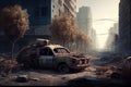postapocalyptic city with abandoned vehicles and debris scattered on the streets