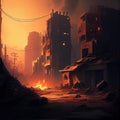 postapocalyptic city with burning remains of buildings and houses