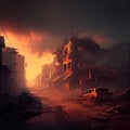 postapocalyptic city with burning remains of buildings and houses