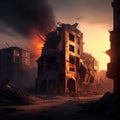 postapocalyptic city with burning remains of buildings and houses