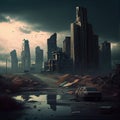 postapocalyptic city with devastated skyscrapers and dark gloomy landscape