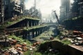 Postapocalyptic City With Overgrown Buildings In Dystopian World