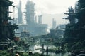 Postapocalyptic City With Overgrown Buildings In Dystopian World