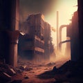 postapocalyptic city with smoke coming out of pipes located in ruined stone building
