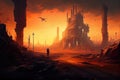 postapocalyptic city, with view of the sky and burning ruins in the background