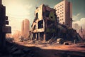postapocalyptic cityscape with broken buildings and rubble on the ground