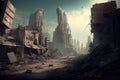 postapocalyptic cityscape with broken buildings and rubble on the ground