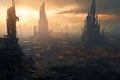 Postapocalyptic cityscape dominated by colossal