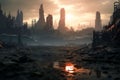 Postapocalyptic cityscape dominated by colossal
