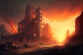 postapocalyptic cityscape with fiery sky and smoke rising from the ruins