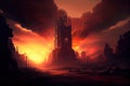 postapocalyptic cityscape with fiery sky and smoke rising from the ruins