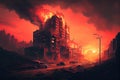 postapocalyptic cityscape with fiery sky and smoke rising from the ruins