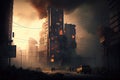 postapocalyptic cityscape with smoke billowing from fires and broken windows