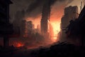 postapocalyptic cityscape, with smoke rising from fires and rubble, and dark skies above