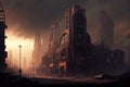 postapocalyptic cityscape, with towering structures and smoky skies