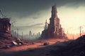 postapocalyptic cityscape, with view of destroyed tower in the distance