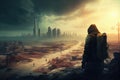 postapocalyptic cityscape, with view of the ruined skyline and radiation storm in the distance