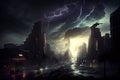 postapocalyptic metropolis in the midst of a raging storm, with lightning illuminating the dark skies above