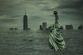 Postapocalyptic scenario and global warming concept with statue of liberty half covered by rising ocean level and Manhattan`s