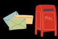 Postbox and post envelopes on black background