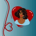 Postcard with african american girl and heart. Cute African American Woman on Happy Valentine Day Heart Shape Template