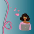 Postcard with an African American woman working at a computer. A pretty girl from the LGBT community. Happy Valentine's