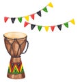 Postcard African drum tam tam, Bongo, musical instrument. Colorful flags garland red green black yellow. Kwanzaa holiday Royalty Free Stock Photo