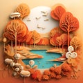 a postcard with an autumn landscape with trees and a lake cut out of paper, in warm autumn colors,generative AI. Royalty Free Stock Photo