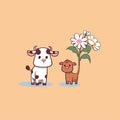 Postcard baby animal gives a flower to mom. illustrative minimalistic image.