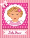 Postcard of baby shower with cute nice girl on pink background