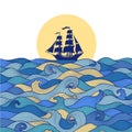 Postcard banner blue sea waves and the ship at sunset