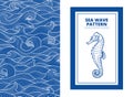 Postcard banner monotone blue sea waves and the seahorse Royalty Free Stock Photo
