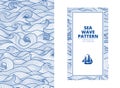 Postcard banner monotone blue sea waves and the ship