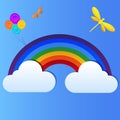Postcard banner with sky clouds and rainbow, butterfly, and dragonfly Royalty Free Stock Photo