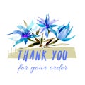 Postcard, banner Thank you. Gratitude on a delicate watercolor background with blue flowers Royalty Free Stock Photo