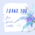 Postcard, banner Thank you. Gratitude on a watercolor delicate purple background with blue flowers Royalty Free Stock Photo