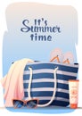 Postcard with beach striped bag and summer accessories. Summer time, hello summer. Sunglasses, sun cream, towel, flip