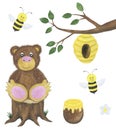 Postcard bear bee honey beehive watercolor childrens illustration design postcards scrapbooking stickers stickers poster greeting