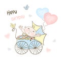 Postcard for the birth of a boy with a stroller and balloons. Vector Royalty Free Stock Photo