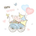 Postcard for the birth of a boy with a stroller and balloons. Vector