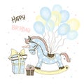 Postcard for the birth of a boy with a toy horse unicorn and balloons and gifts. Vector