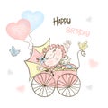 Postcard for the birth of a girl with a stroller and balloons. Vector Royalty Free Stock Photo