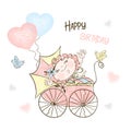 Postcard for the birth of a girl with a stroller and balloons. Vector