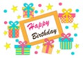 Postcard with a birthday of colorful vector gift boxes with bows and ribbons. Royalty Free Stock Photo