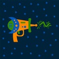 Postcard Blaster with laser. Bright children`s game weapons for fashion textiles. Space game guns poster in the game room