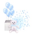 Postcard blue boy's birthday. Invitation, congratulations. Balloons box, teddy bear, confetti. Hand drawn Royalty Free Stock Photo