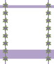 Postcard border frame white field purple edges with a composition of green leaves and shallow purple flowers violets in a column o