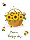 Postcard bouquet of sunflowers in a basket and four cute bees on a white background. Vector illustration, cartoon style. Royalty Free Stock Photo
