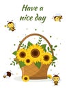 Postcard bouquet of sunflowers in a basket and four cute bees on a white background. Vector illustration, cartoon style. Royalty Free Stock Photo